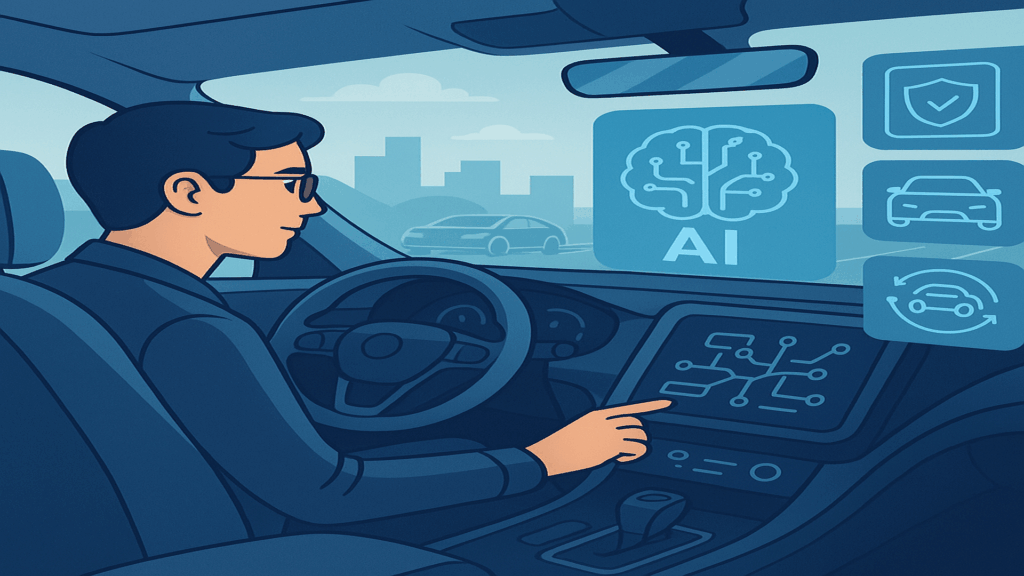 Driver interacting with AI-powered dashboard in a smart car, featuring autonomous vehicle technology, futuristic controls, and real-time navigation.
